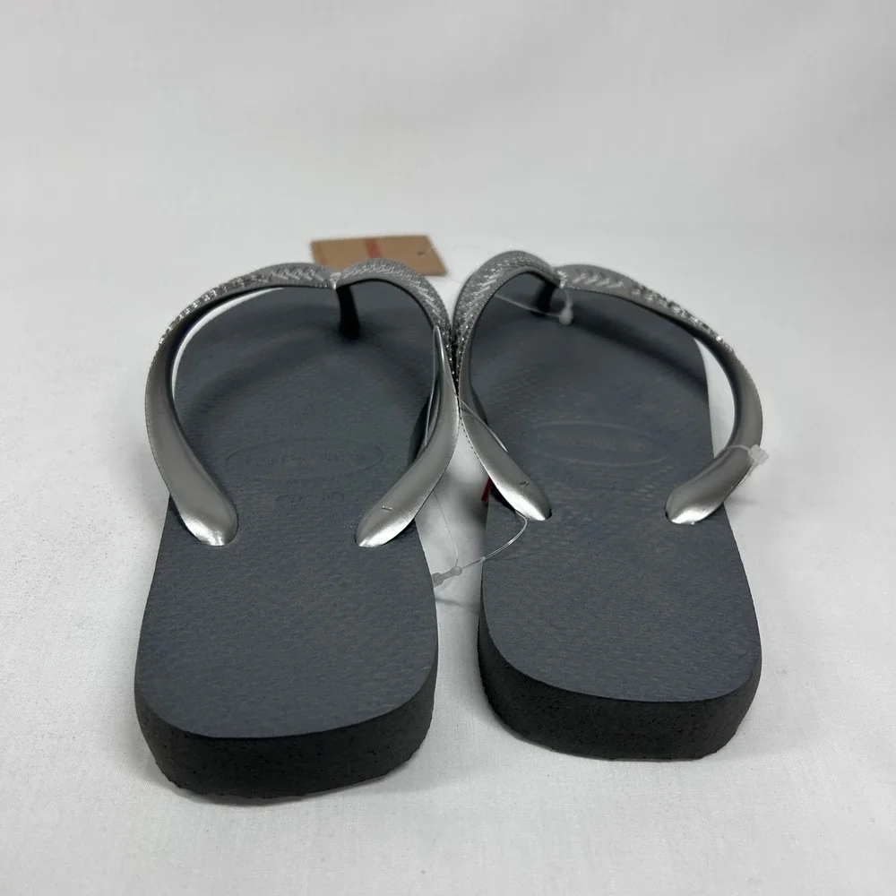 Havaianas Metallic Silver Grey Flip Flops NWT Slim Logo Rubber Sandals USA 7/8w